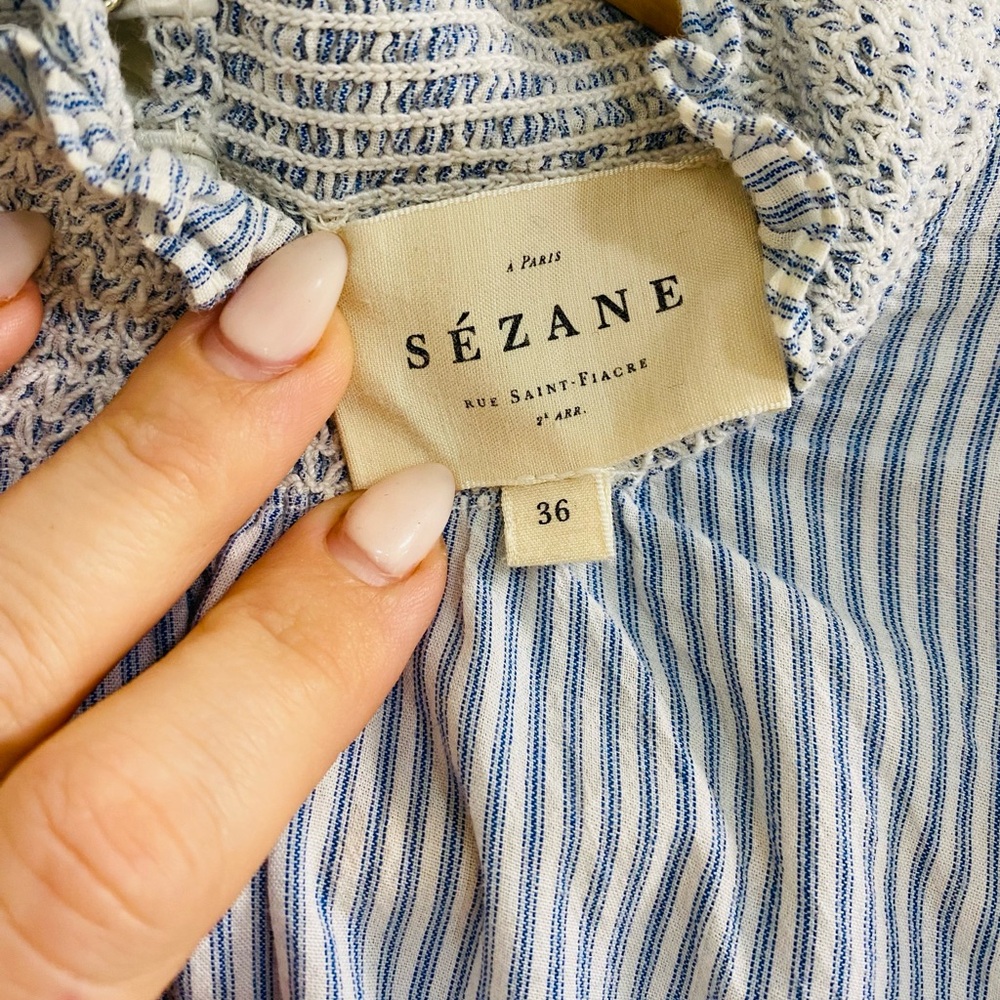 Sezane Blue and White Pinstripe Smocked Neck Blouse - Picture 4 of 9